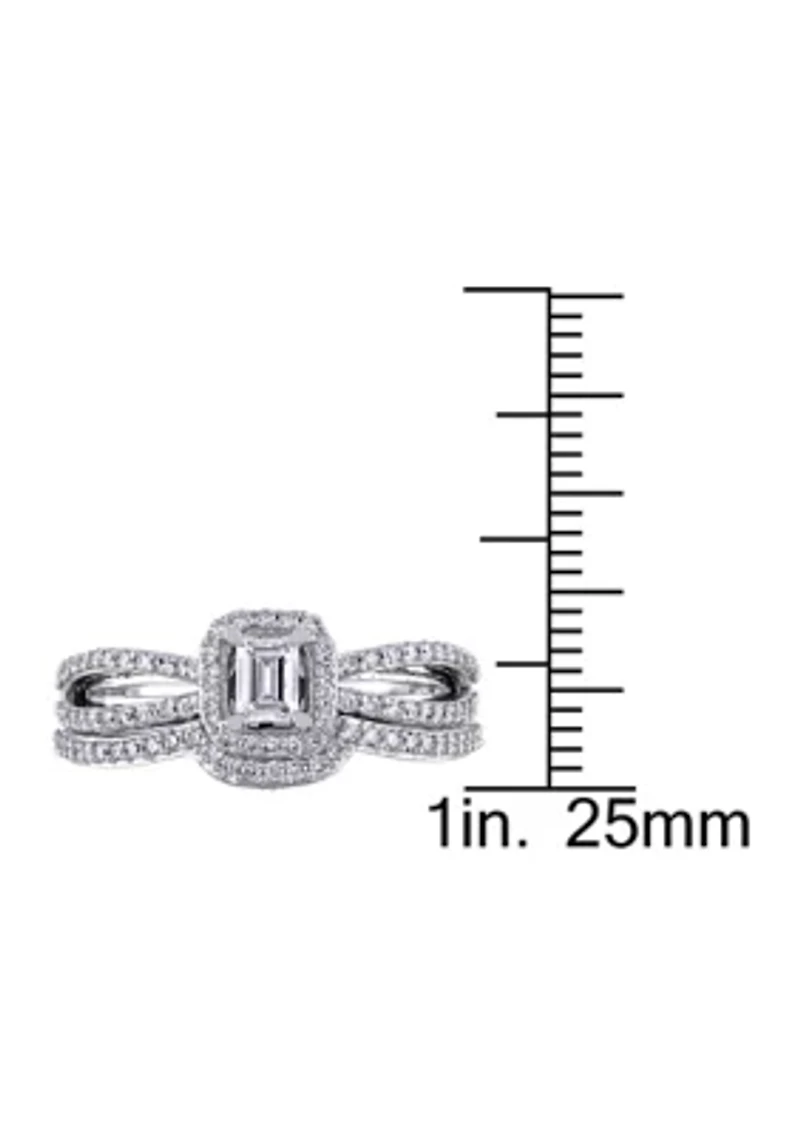 3/4 ct. t.w. Diamond Emerald Cut Halo Split Shank Bridal Set 14k White Gold