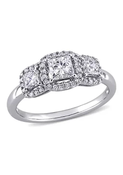 1 ct. t.w. Diamond Princess Cut 3-Stone Halo Engagement Ring 10k White Gold
