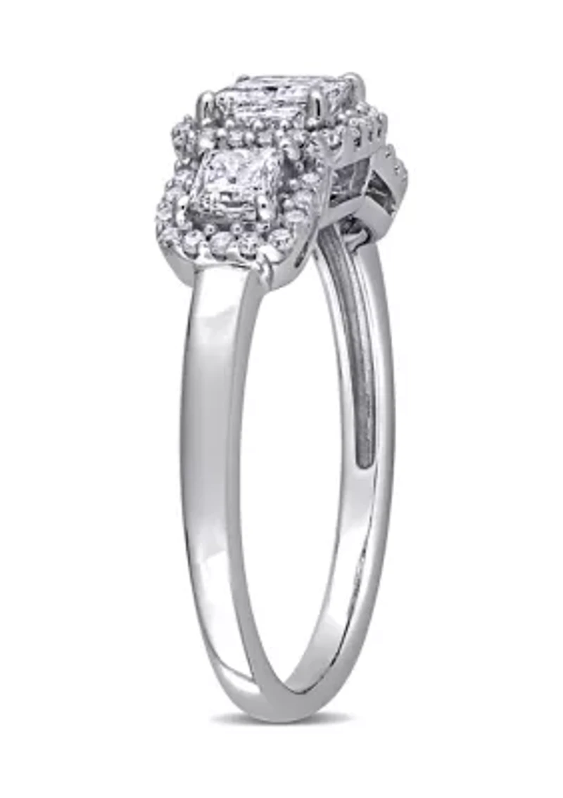 1 ct. t.w. Diamond Princess Cut 3-Stone Halo Engagement Ring 10k White Gold