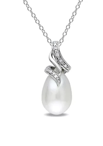 9-9.5 MM Cultured Freshwater Pearl and Diamond Twist Pendant with Chain in Sterling Silver