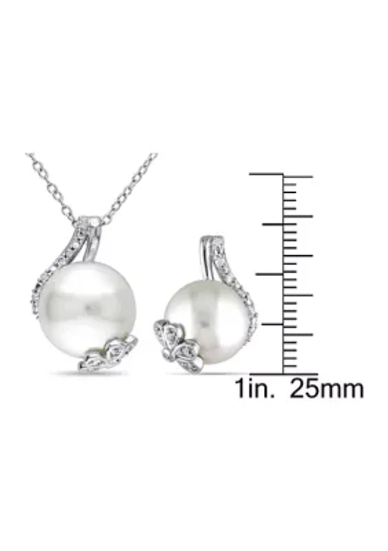 2-Piece Set Cultured Freshwater Pearl and 1/5 ct. t.w. Diamond Twist Stud Earrings and Necklace in Sterling Silver