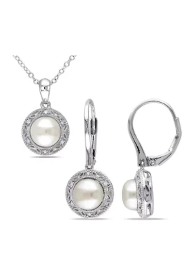 2 Piece Set Cultured Freshwater Pearl and 1/10 ct. t.w. Diamond Halo Earrings and Necklace in Sterling Silver
