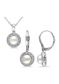 2 Piece Set Cultured Freshwater Pearl and 1/10 ct. t.w. Diamond Halo Earrings and Necklace in Sterling Silver