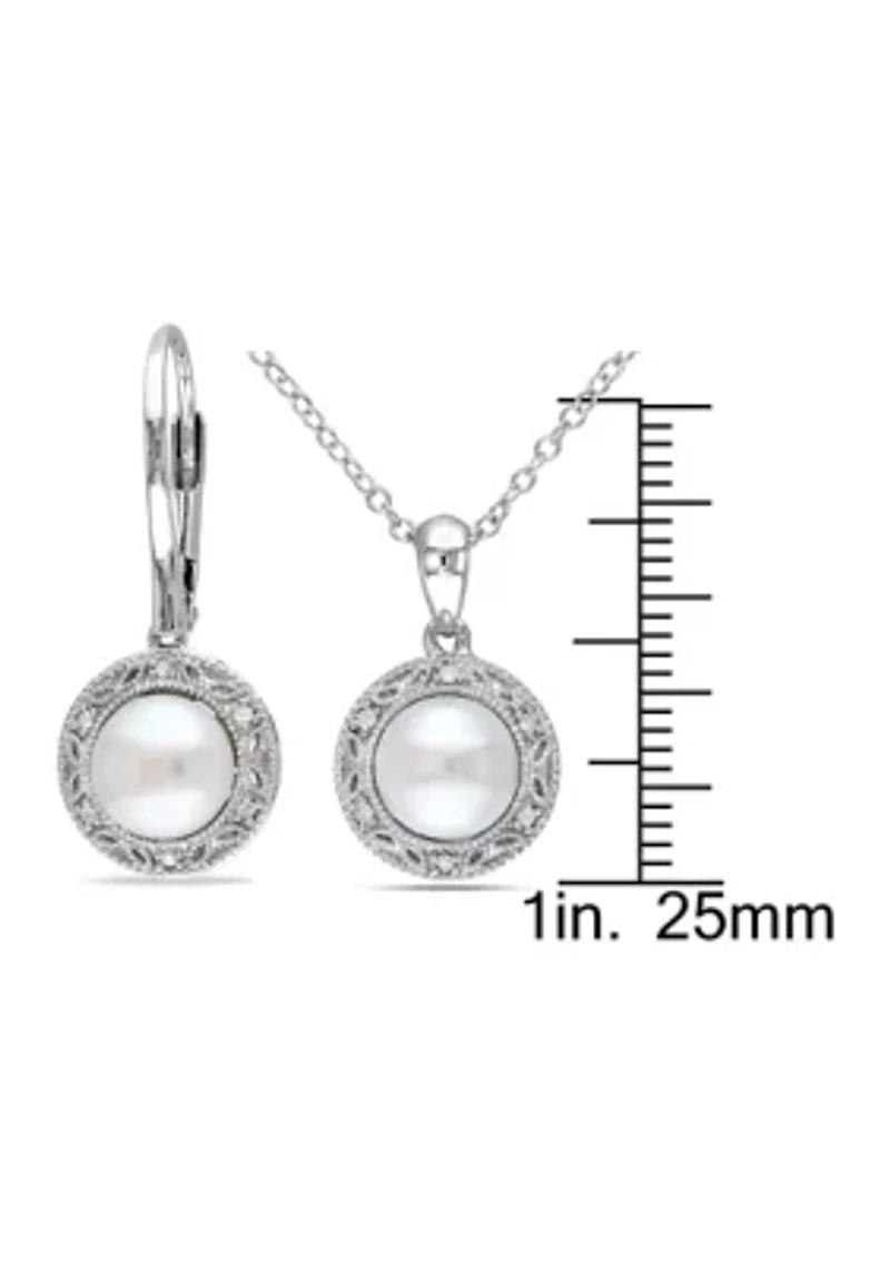 2 Piece Set Cultured Freshwater Pearl and 1/10 ct. t.w. Diamond Halo Earrings and Necklace in Sterling Silver