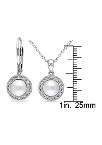 2 Piece Set Cultured Freshwater Pearl and 1/10 ct. t.w. Diamond Halo Earrings and Necklace in Sterling Silver