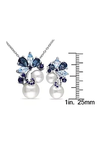 2-Piece Set Blue Topaz, Sapphire and Cultured Pearl Cluster Earrings and Necklace in Sterling Silver