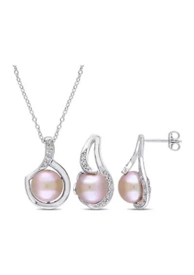 2-Piece Set Pink Cultured Freshwater Pearl and 1/10 ct. t.w. Diamond Halo Earrings and Necklace in Sterling Silver