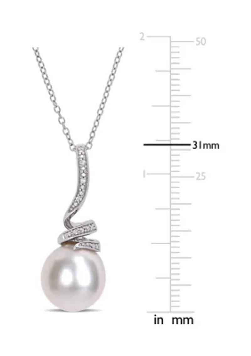 11-12 MM Cultured Freshwater Pearl and Diamond Accent Swirl Drop Pendant with Chain in Sterling Silver