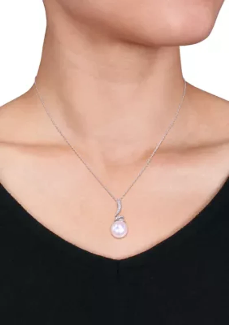 11-12 MM Cultured Freshwater Pearl and Diamond Accent Swirl Drop Pendant with Chain in Sterling Silver