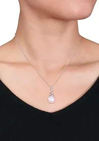 11-12 MM Cultured Freshwater Pearl and Diamond Accent Swirl Drop Pendant with Chain in Sterling Silver