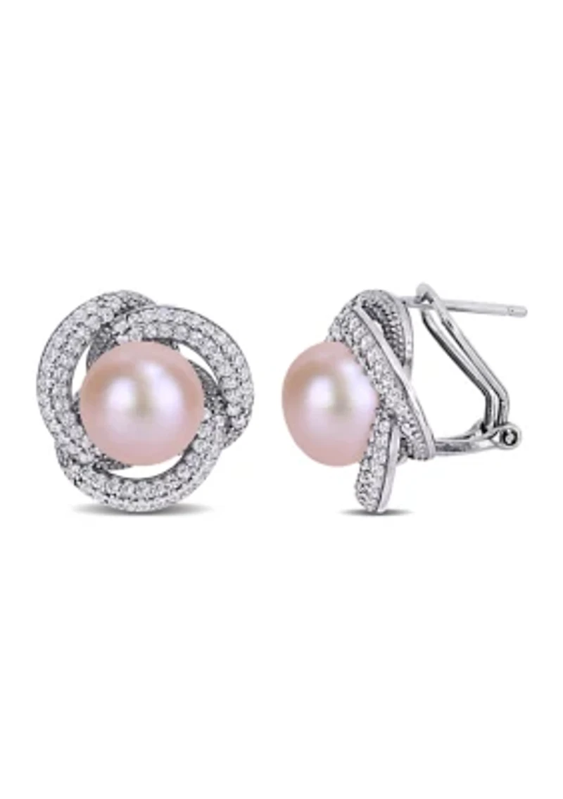 10.5-11 MM Pink Cultured Pearl and Cubic Zirconia Interlaced Halo Earrings in Sterling Silver
