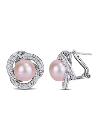 10.5-11 MM Pink Cultured Pearl and Cubic Zirconia Interlaced Halo Earrings in Sterling Silver