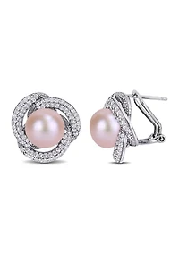 10.5-11 MM Pink Cultured Pearl and Cubic Zirconia Interlaced Halo Earrings in Sterling Silver