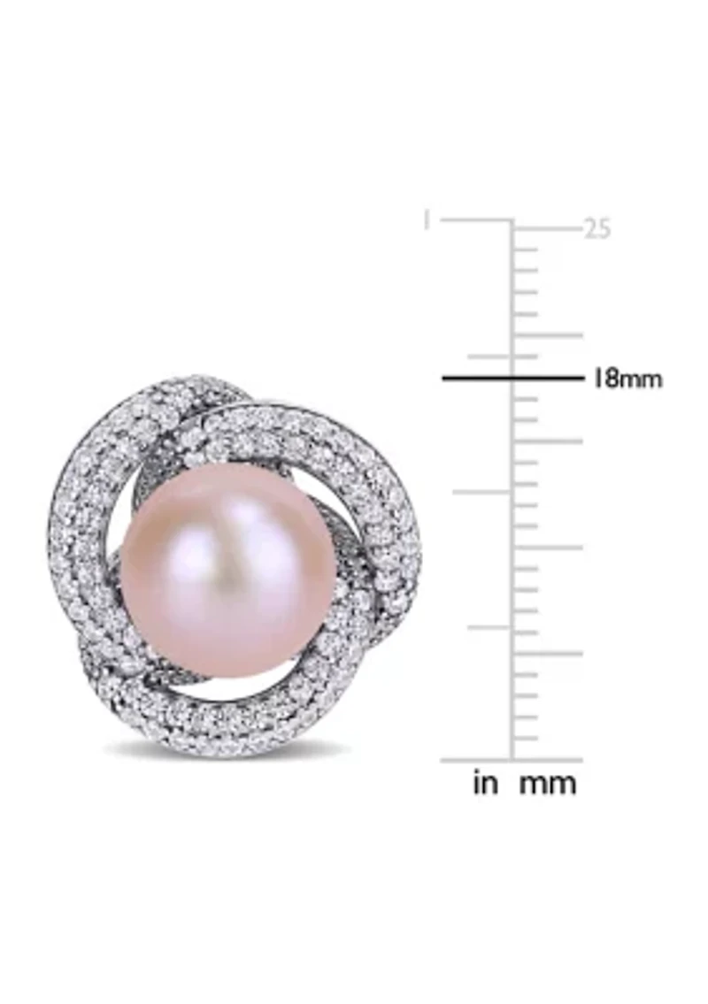 10.5-11 MM Pink Cultured Pearl and Cubic Zirconia Interlaced Halo Earrings in Sterling Silver