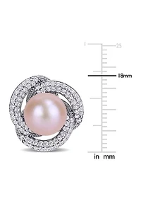 10.5-11 MM Pink Cultured Pearl and Cubic Zirconia Interlaced Halo Earrings in Sterling Silver