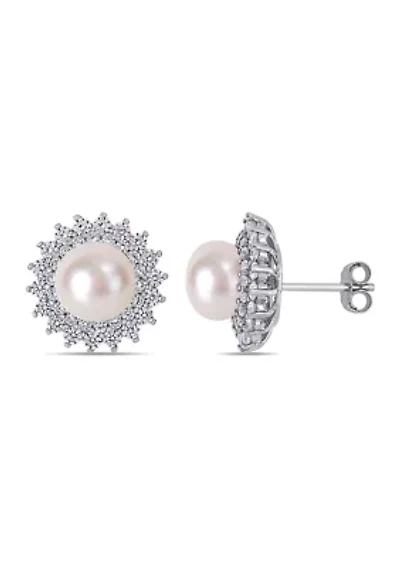 8.5-9 MM Cultured Freshwater Pearl and Cubic Zirconia Floral Halo Stud Earrings in Sterling Silver