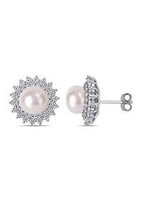 8.5-9 MM Cultured Freshwater Pearl and Cubic Zirconia Floral Halo Stud Earrings in Sterling Silver