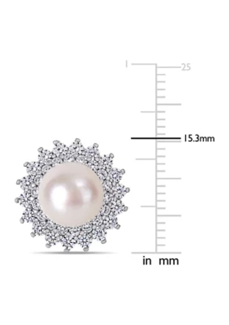 8.5-9 MM Cultured Freshwater Pearl and Cubic Zirconia Floral Halo Stud Earrings in Sterling Silver