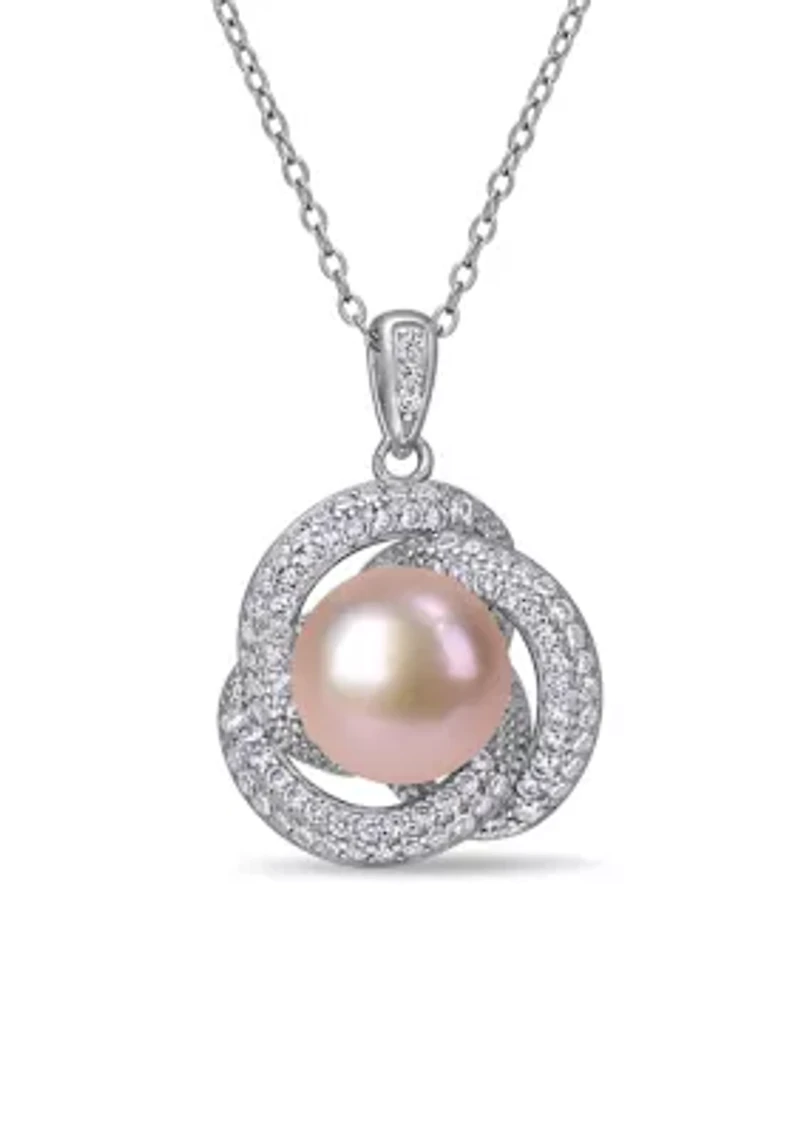 10.5-11 MM Pink Cultured Freshwater Pearl and Cubic Zirconia Interlaced Halo Necklace in Sterling Silver