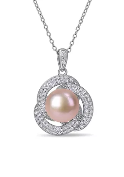 10.5-11 MM Pink Cultured Freshwater Pearl and Cubic Zirconia Interlaced Halo Necklace in Sterling Silver
