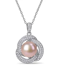 10.5-11 MM Pink Cultured Freshwater Pearl and Cubic Zirconia Interlaced Halo Necklace in Sterling Silver