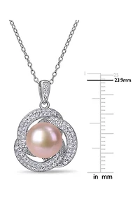 10.5-11 MM Pink Cultured Freshwater Pearl and Cubic Zirconia Interlaced Halo Necklace in Sterling Silver