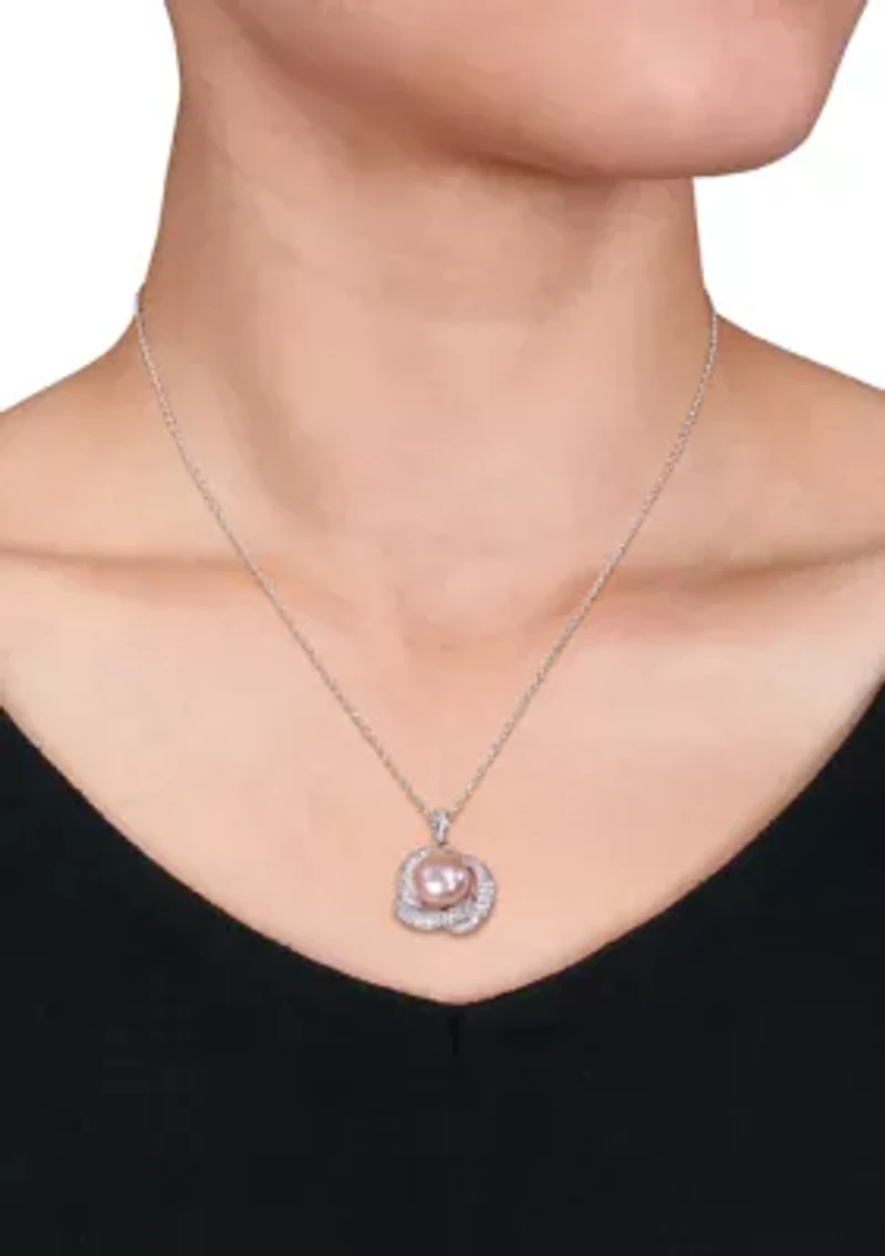 10.5-11 MM Pink Cultured Freshwater Pearl and Cubic Zirconia Interlaced Halo Necklace in Sterling Silver