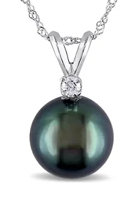 8-9 Millimeter Tahitian Cultured Pearl and Diamond Pendant with Chain in 14k White Gold