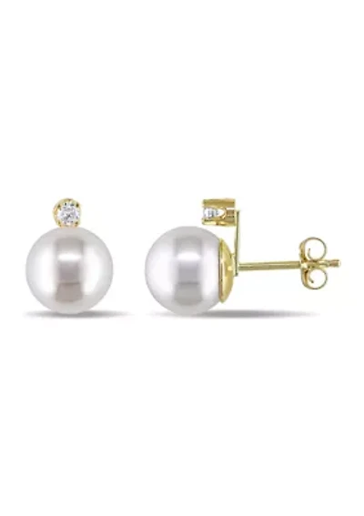 8-9 Millimeter Cultured Freshwater Pearl and 1/10 ct. t.w. Diamond Stud Earrings in 14k Yellow Gold