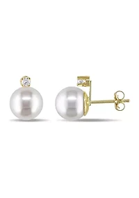 8-9 Millimeter Cultured Freshwater Pearl and 1/10 ct. t.w. Diamond Stud Earrings in 14k Yellow Gold