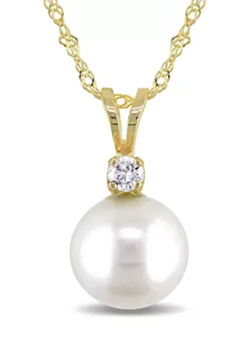 8-8.5 Millimeter Cultured Freshwater Pearl and Diamond Pendant with Chain in 14k Yellow Gold