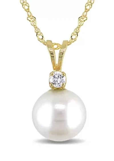 8-8.5 Millimeter Cultured Freshwater Pearl and Diamond Pendant with Chain in 14k Yellow Gold