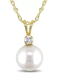 8-8.5 Millimeter Cultured Freshwater Pearl and Diamond Pendant with Chain in 14k Yellow Gold