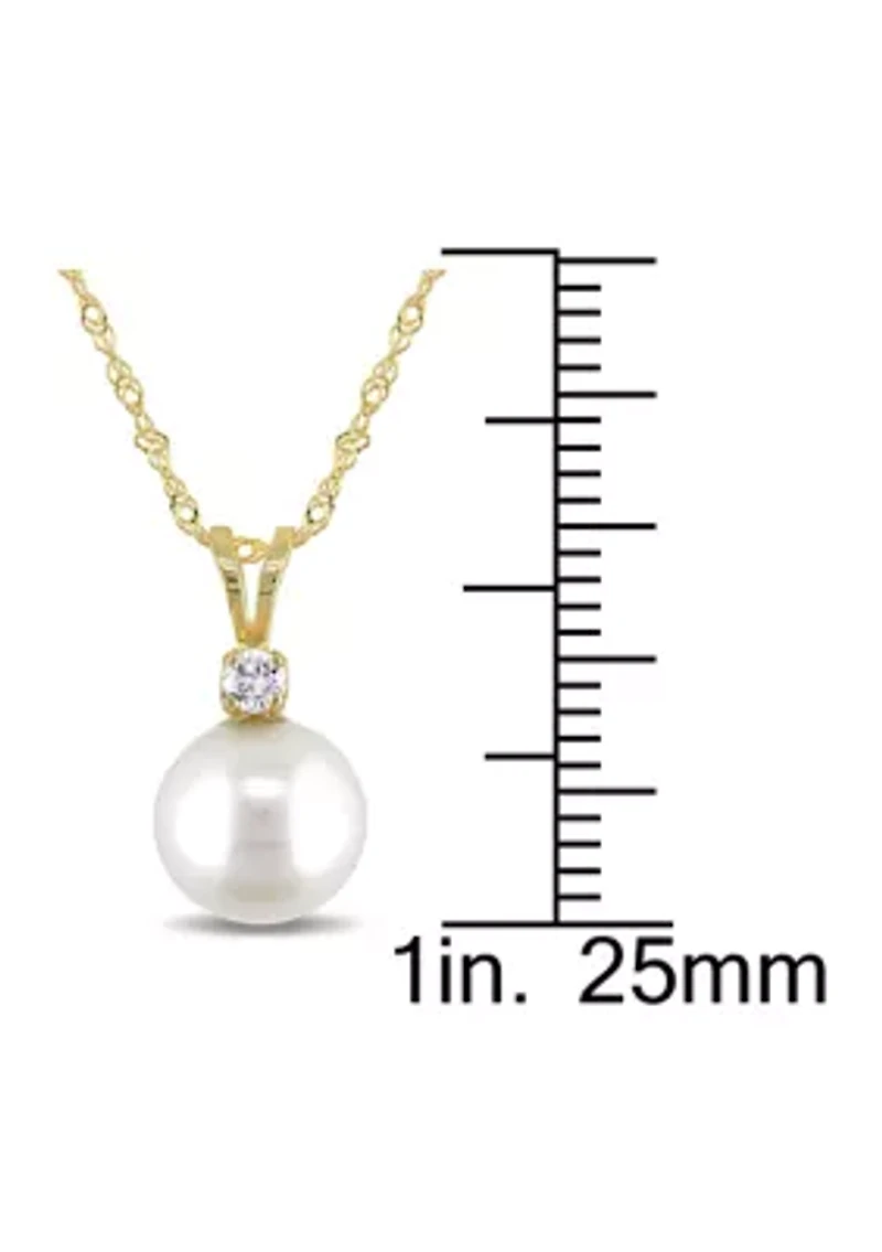 8-8.5 Millimeter Cultured Freshwater Pearl and Diamond Pendant with Chain in 14k Yellow Gold