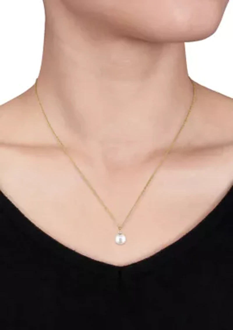 8-8.5 Millimeter Cultured Freshwater Pearl and Diamond Pendant with Chain in 14k Yellow Gold