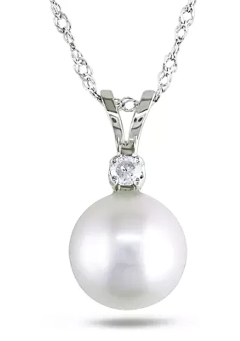 7-7.5 Millimeter Cultured Freshwater Pearl and Diamond Accent Drop Pendant with Chain in 14k White Gold