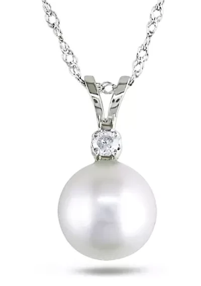 7-7.5 Millimeter Cultured Freshwater Pearl and Diamond Accent Drop Pendant with Chain in 14k White Gold