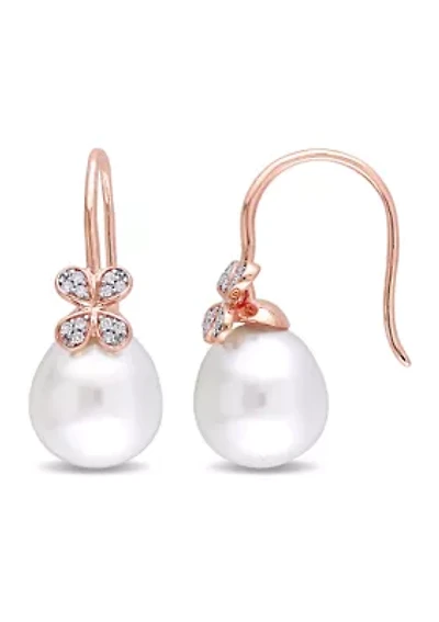 11.5-12 Millimeter South Sea Cultured Pearl and 1/8 ct. t.w. Diamond Petal Earrings in 14k Rose Gold