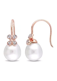 11.5-12 Millimeter South Sea Cultured Pearl and 1/8 ct. t.w. Diamond Petal Earrings in 14k Rose Gold