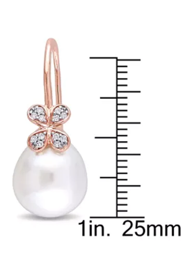 11.5-12 Millimeter South Sea Cultured Pearl and 1/8 ct. t.w. Diamond Petal Earrings in 14k Rose Gold