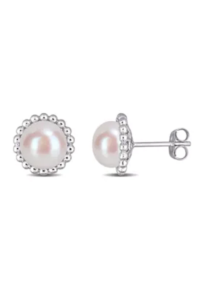 8-8.5 Millimeter Cultured Freshwater Pearl Halo Stud Earrings in 10k White Gold