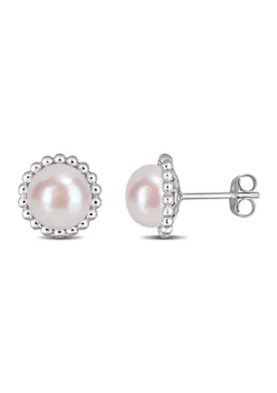 8-8.5 Millimeter Cultured Freshwater Pearl Halo Stud Earrings in 10k White Gold