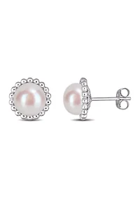8-8.5 Millimeter Cultured Freshwater Pearl Halo Stud Earrings in 10k White Gold