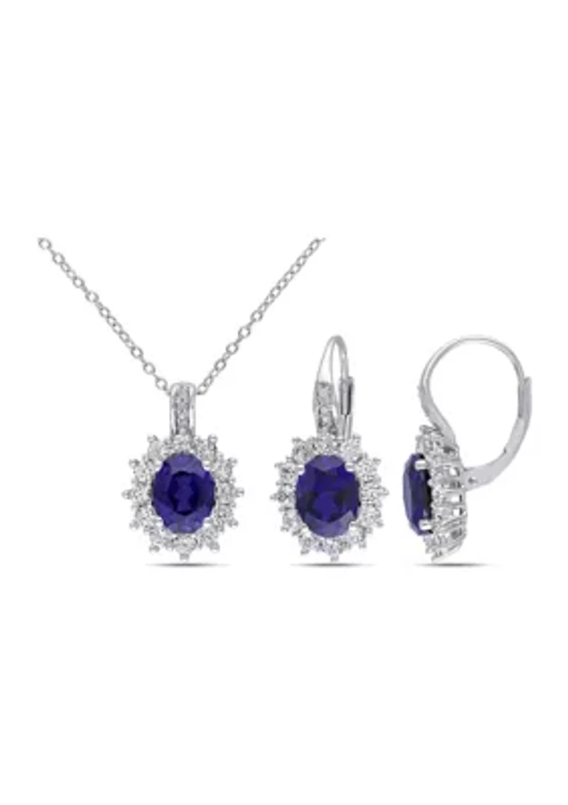 2-Piece Created Blue and White Sapphire and Diamond Halo Necklace and Earrings in Sterling Silver