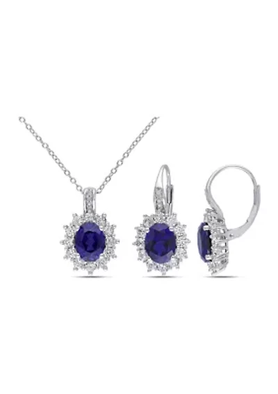 2-Piece Created Blue and White Sapphire and Diamond Halo Necklace and Earrings in Sterling Silver