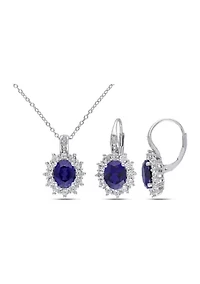 2-Piece Created Blue and White Sapphire and Diamond Halo Necklace and Earrings in Sterling Silver