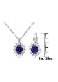 2-Piece Created Blue and White Sapphire and Diamond Halo Necklace and Earrings in Sterling Silver