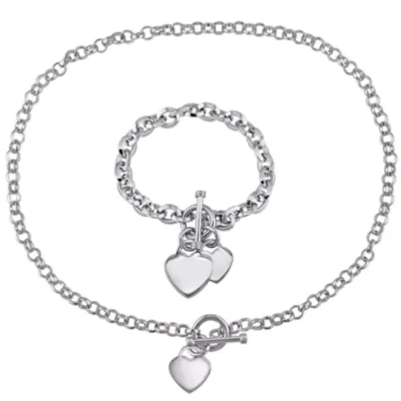 Circle Link Heart Charm Necklace and Bracelet 2-Piece Set in Sterling Silver
