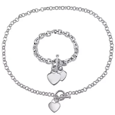 Circle Link Heart Charm Necklace and Bracelet 2-Piece Set in Sterling Silver