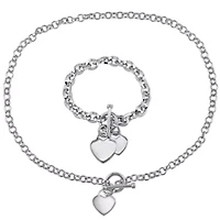Circle Link Heart Charm Necklace and Bracelet 2-Piece Set in Sterling Silver
